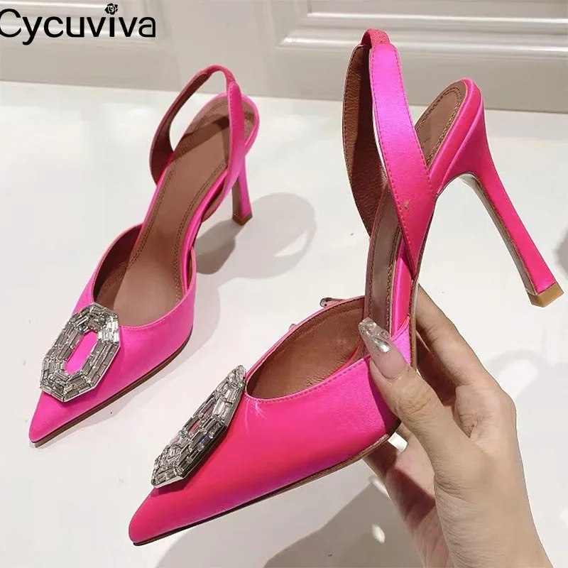 

Pointy Toe Silk Crystal Shoes Woman Rhinestone Buckle Band Thin High Heel Sandals Summer Slingback Party Wedding Designer Shoes