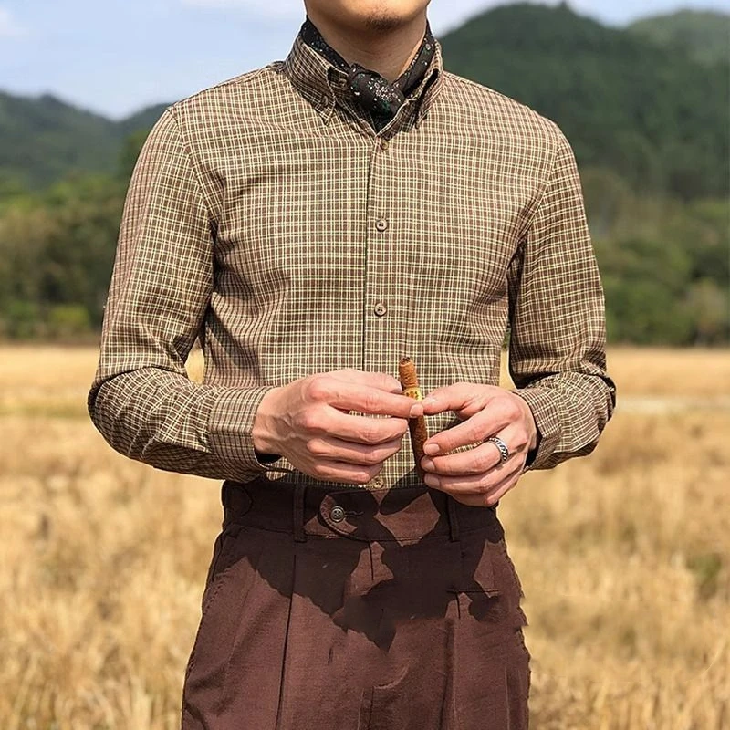 

Vintage Men Shirts Autumn New Lape Grid Pattern Gradient Color Single Breasted Business Casual Office Social Long Sleeve Tops