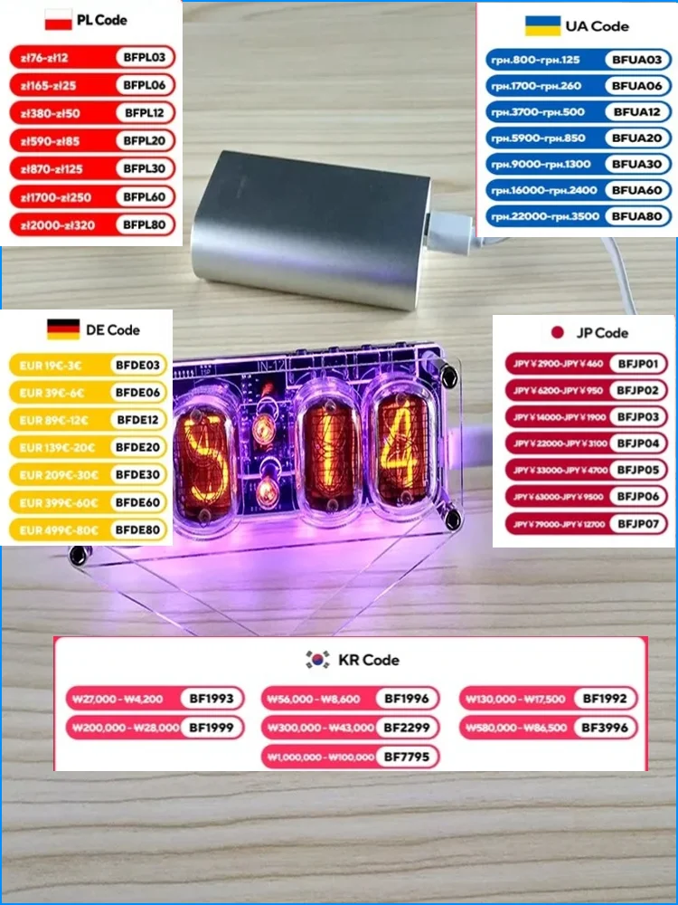 Nvarcher   IN-12 Glow Clock 4-bit  Colorful LED DS3231 clock