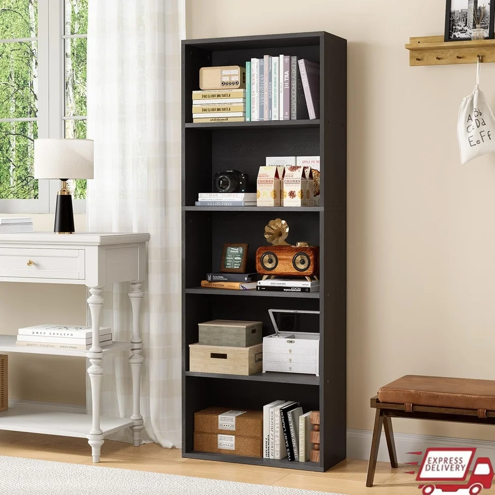 

5-Tier Bookshelf Floor Standing Storage Rack Elegant Display Organizer Home Office Living Room Bedroom Durable MDF Construction
