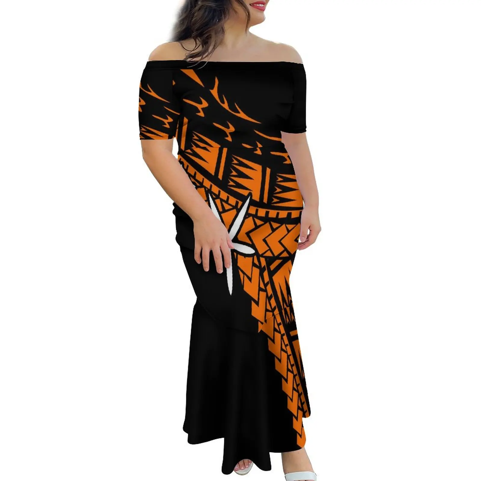 

Hawaiian Mermaid Dress Slim-Fit Temperament One-Shoulder Maxi Polynesian Retro Tribal Ethnic Floral Print Samoa