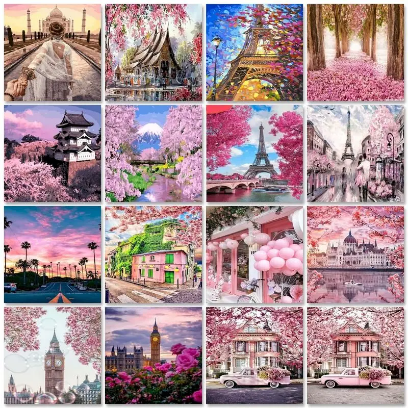 

GATYZTORY DIY Frame Painting By Numbers Pink Landscape HandPainted Art Gift Scenery Canvas Drawing Home Decor 60x75cm