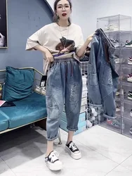 Summer plus Size Mom 300 Pounds Denim Dad Jeans Women's Elastic Waist Hole Harem Pants Retro Carrot Pants Thin Jeans