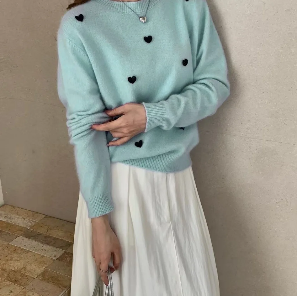 女性用ハートレースセーター,カジュアル,ラウンドネック,ニット,快適,トレンディ,ルーズトップス,秋冬,ニューコレクション2022