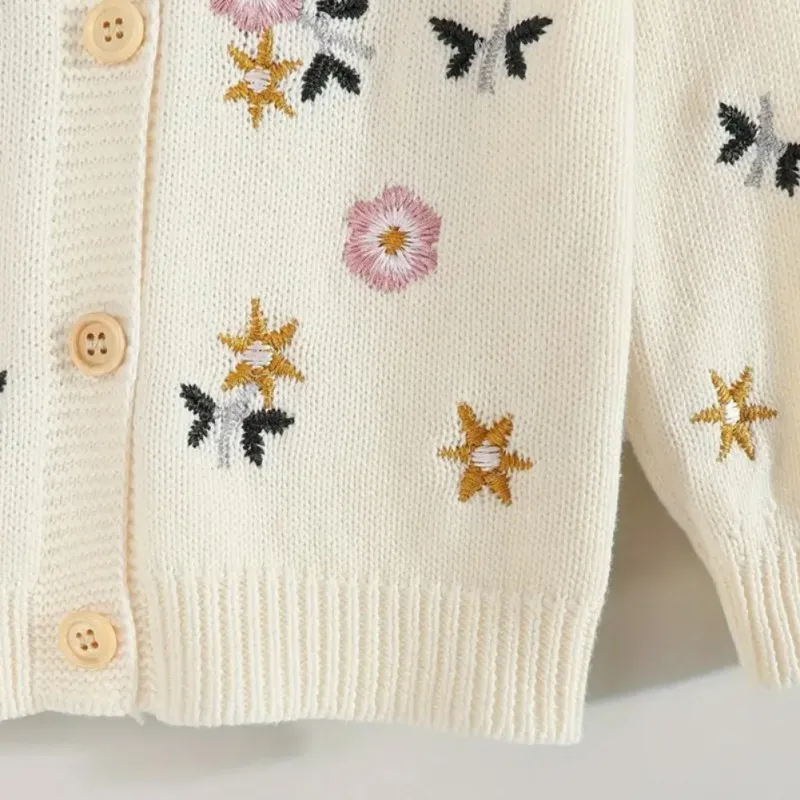 Spring Children Girls Cardigan Flower Embroidery Ruffle Collar Knitted Top Long Sleeve Coat Kids Clothes