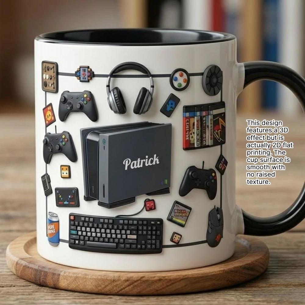2D Print Personalized Video Gamer Mug Custom Name Game Lover Coffee Cup Gift for Male Female Streamer 2D Flat Print for Party Bi