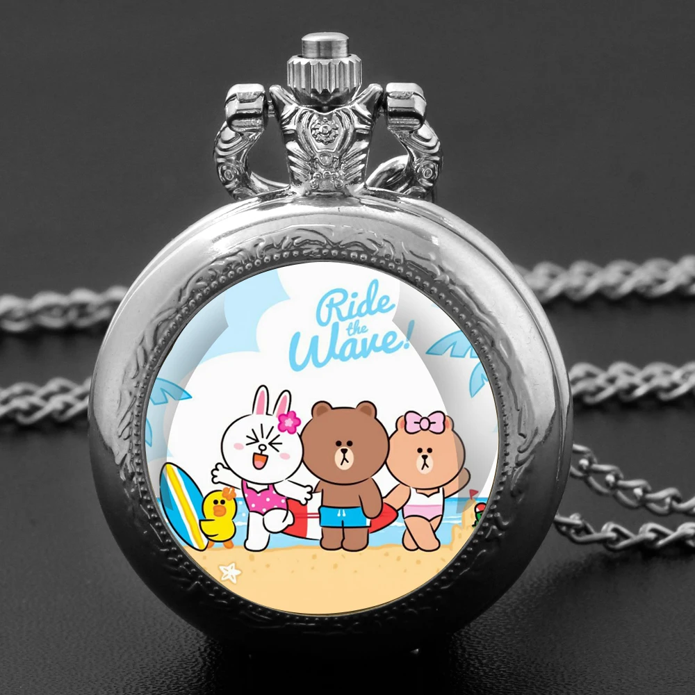 곰과 토끼 귀여운 만화 디자인 유리 돔 회중 시계 체인 목걸이 빈티지 석영 펜던트 시계 남성 여성 선물
