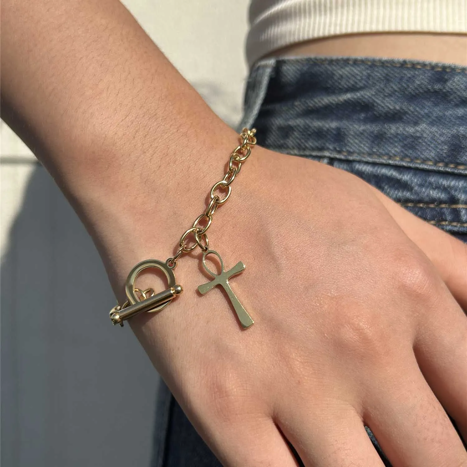 Stainless Steel Chain Ankh Charm Bracelet For Women Men Cross OT Buckle Toggle Bracelet Egyptian Jewelry