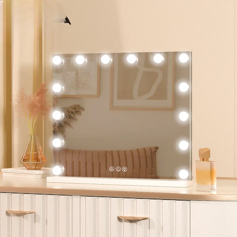 Cross-border hot-selling European square led cosmetic mirror 14 beads Hollywood wrought iron mirror with light bulb desktop smar