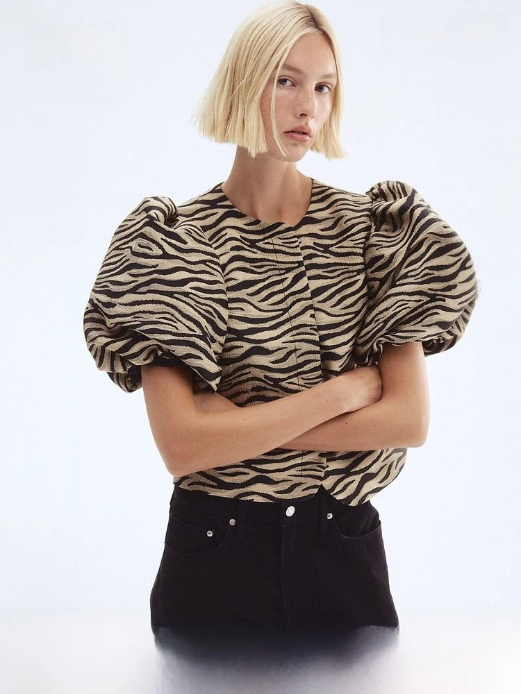 

Sweet Short Sleeve Women's Shirt Lantern Sleeve Dress Summer New Arrival H&M Loose Fit round Neck Short Length Open Cardigan