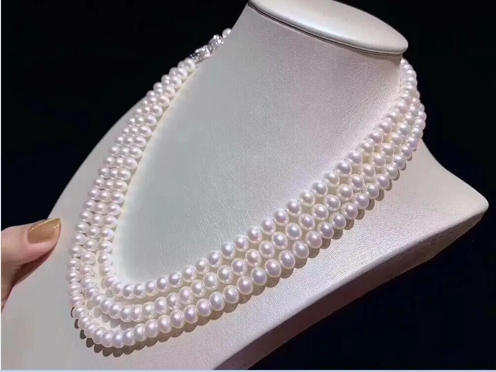 Triple Strands AAA 7-8mm Genuine South Sea White Pearl Necklace 18\