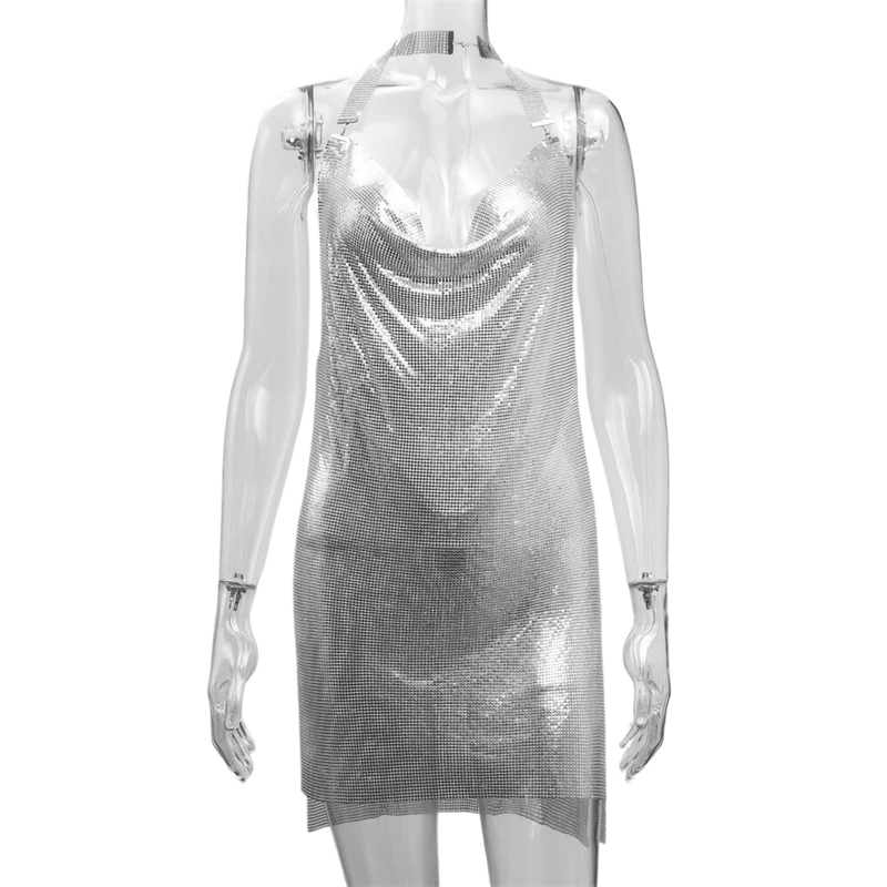 Musik Festival Frauen Sexy Pailletten Minikleid Metallic Zubehör Mesh Körper Kette Nachtclub Party Kleider Rückenfrei Prinzessin Retro – Detail 5