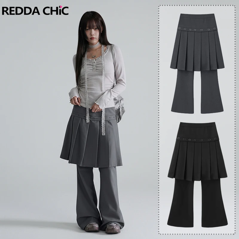 

REDDACHiC Eyelet Skirt Women Suit Trousers Dressy Plain Casual Wide Leg Bootcut Low Waist Pleat Wrap Pants Y2k Korean Streetwear