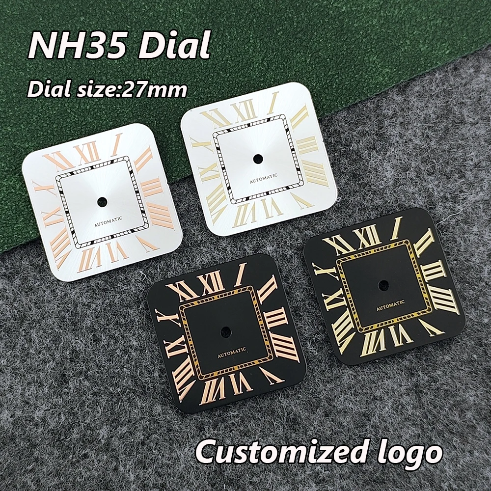

Циферблат NH35, квадратный циферблат 27 мм, индивидуальный логотип, римский циферблат без светящегося циферблата, подходит для аксессуаров для часов с механизмом NH35