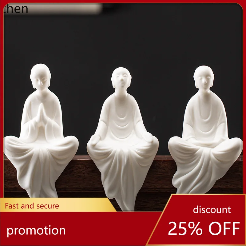 Cz1 creative crafts zen little monk desktop ornament - ceramic white novitiate figurine for study, living room, or office