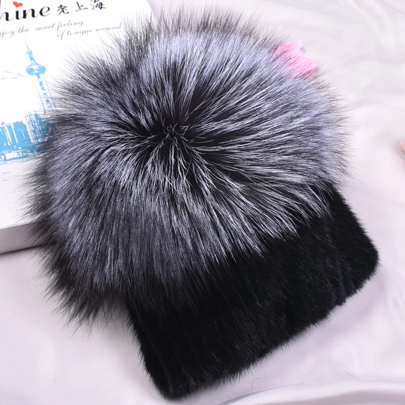 Besfilin Genuine Mink Fur Hat for Women, Skulies Beanies, Silver Fox Fur Ball, Tassel, Casual, Keep Warm, Autumn and Winter