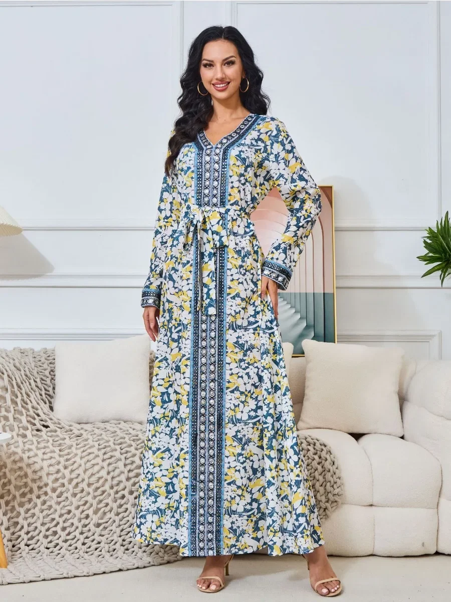 

Eid Dubai Muslim Party Dress for Women Abaya Lace-up Jalabiya Long Dresses Print Morocco Kaftan Vestidos Largo Ramadan Gown Robe