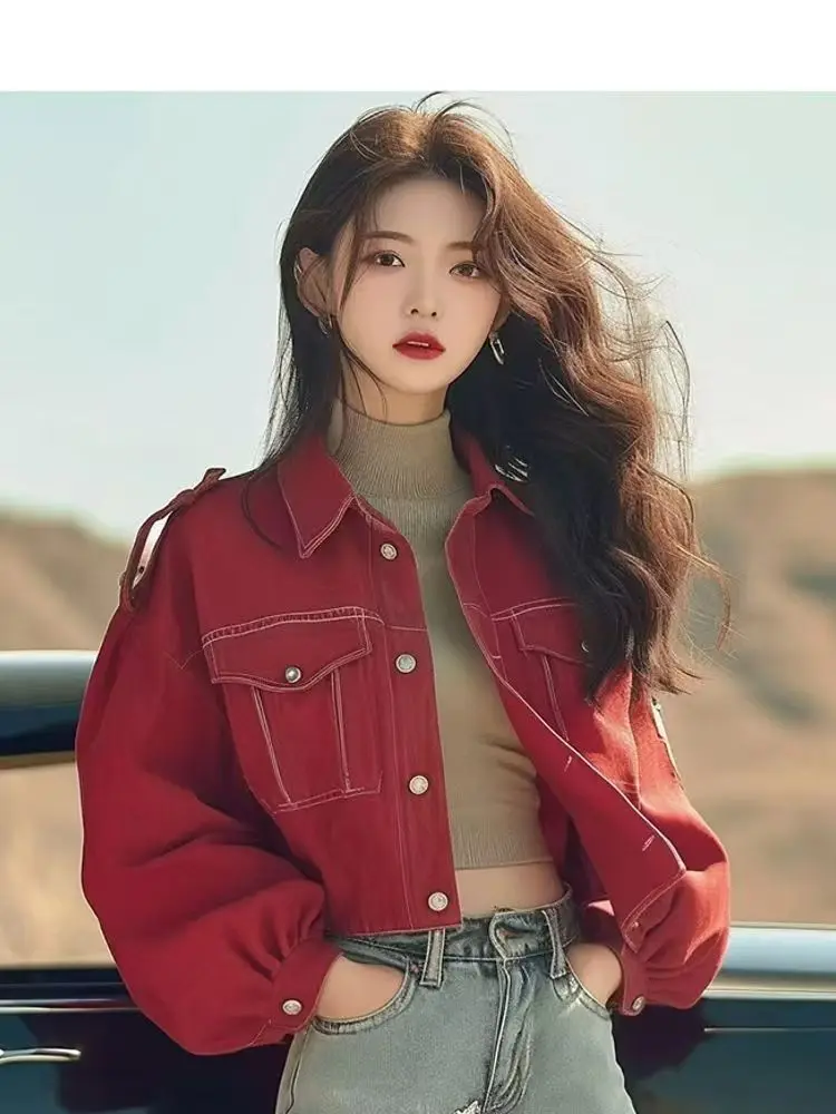 Temperament Red Denim Jacket Autumn New Retro Turn Down Collar Loose Jackets Korean Versatile Casual Coats Women Short Top