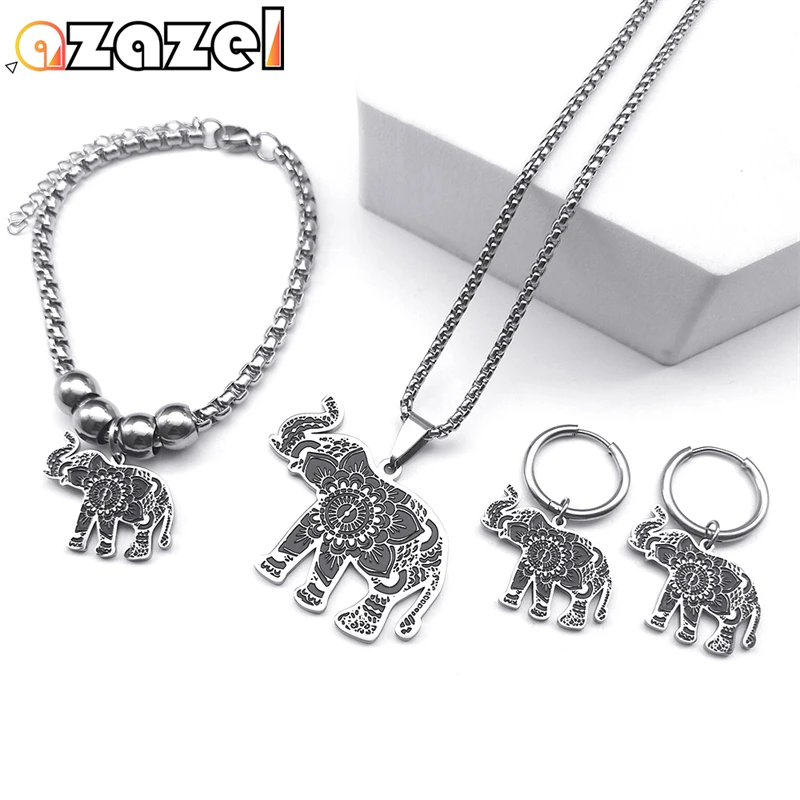 Elephant Enamel Stainless Steel Jewelry Set Women Men Ethnic Animal Necklace Earrings Bracelet Jewelry Gift conjuntos de joyas