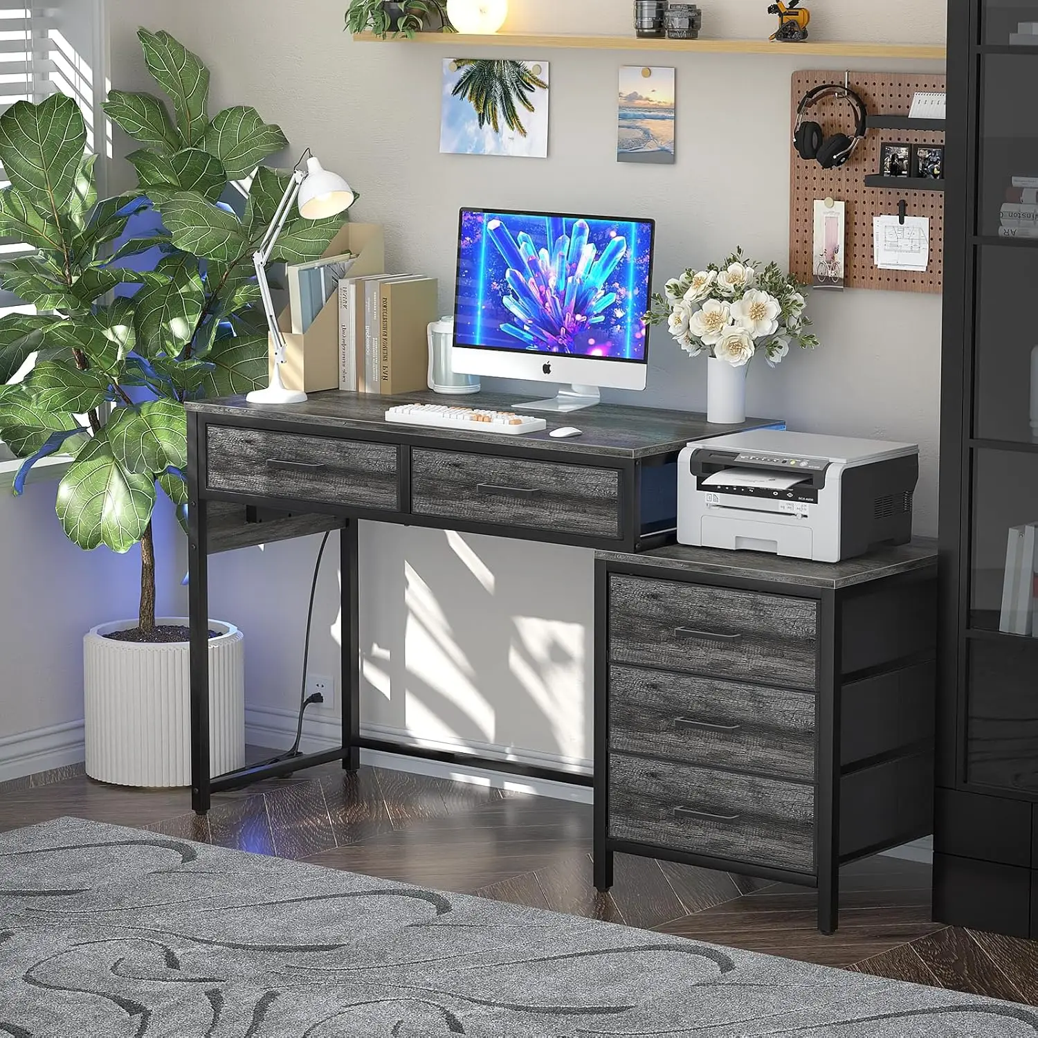 Computer Desk with 5 Drawers,with Power Outlets and USB Charging Ports, Sturdy Writing Table with File Cabinet Printer Stand