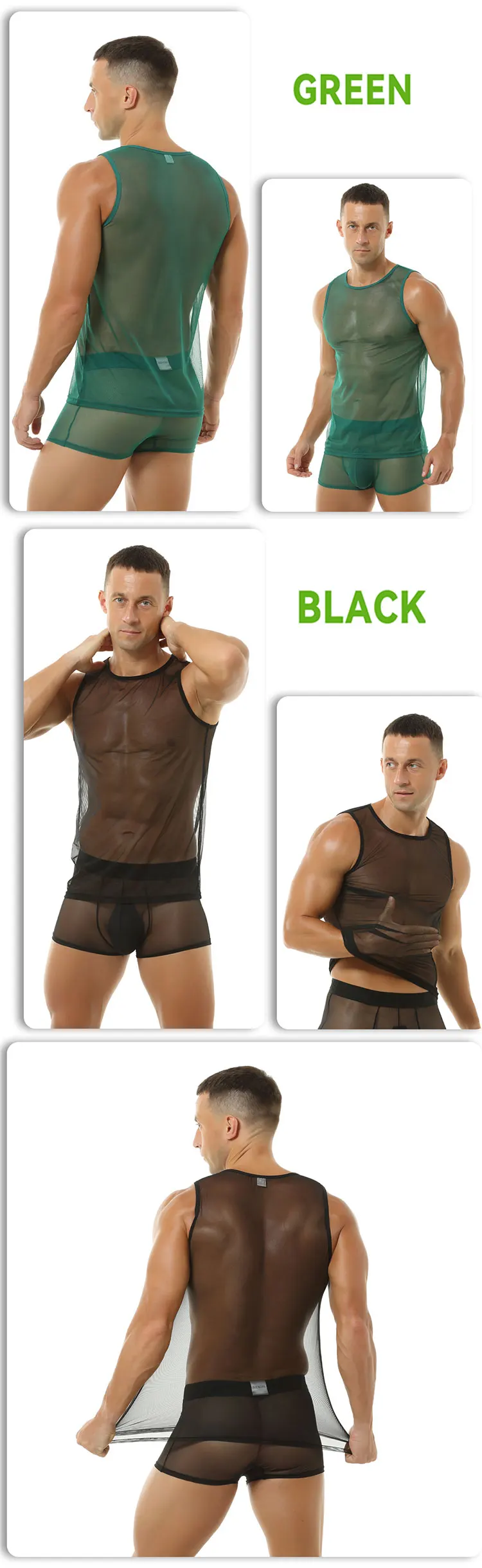 Durchsichtiges, dehnbares, ärmelloses Tanktop aus Mesh für Herren mit Rundhalsausschnitt, atmungsaktiv, weich, leicht, sexy Unterhemd – Detail 3
