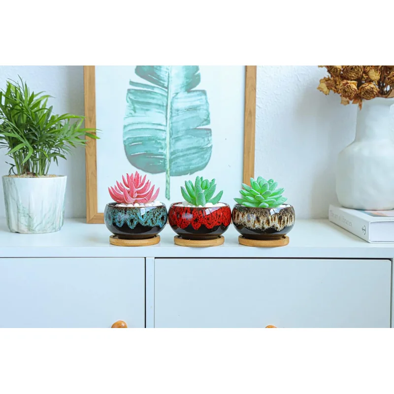 Ceramic Succulent Planter4Inch5Set with Tray Drainage Hole Round Simple Cute Potted Plant Container Does Not Include Plants