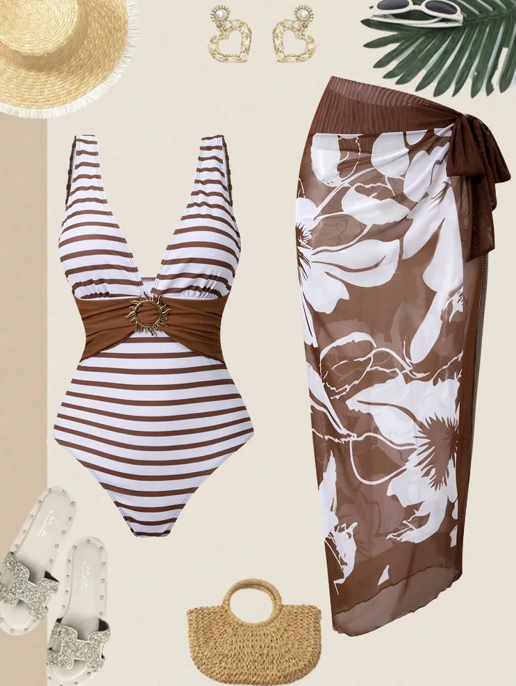 2026 Striped One Piece Swimsuit Women Backless Halter Tummy Control Push Up High Elastic Swimwear Beach Vacation Summer Outfits