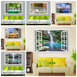 Green Waterfall 3D Window View Wall Decal Sticker, Self-adhesive Mural, Nature Landscape Wallpaper Peel And Stick