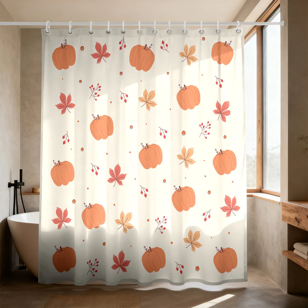 1PC Autumn Pumpkin and Maple Leaf Printed Shower Curtain, Waterproof Shower Curtain, Partition and Privacy Hanging Curtain
