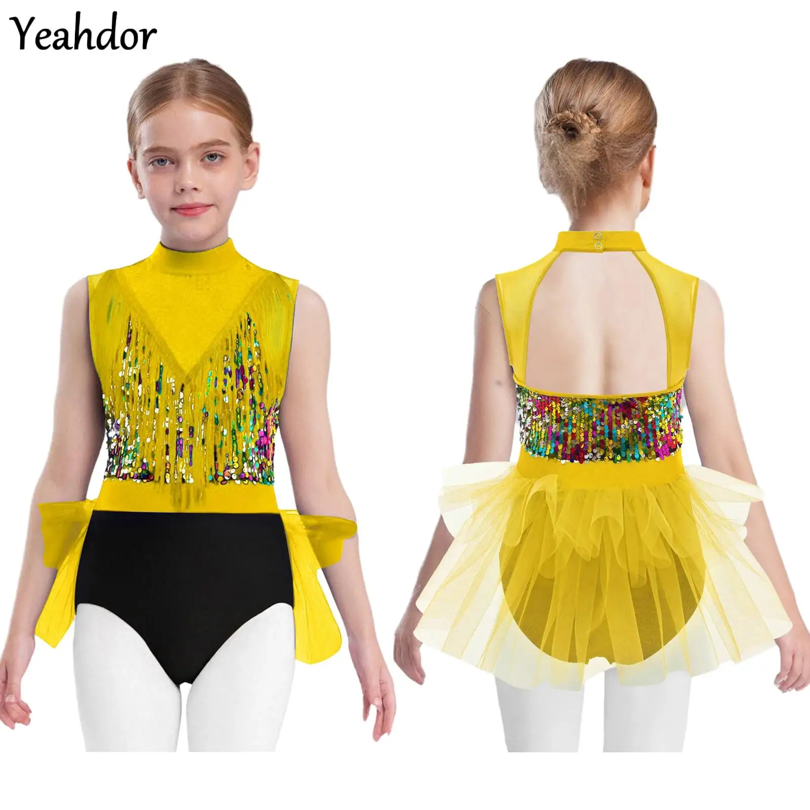 

Girls Ballet Dance Leotard Latin Dance Dress Sleeveless Cutout Back Sequin Tassels Figure Skating Gymnastics Tutu Skirt Bodysuit