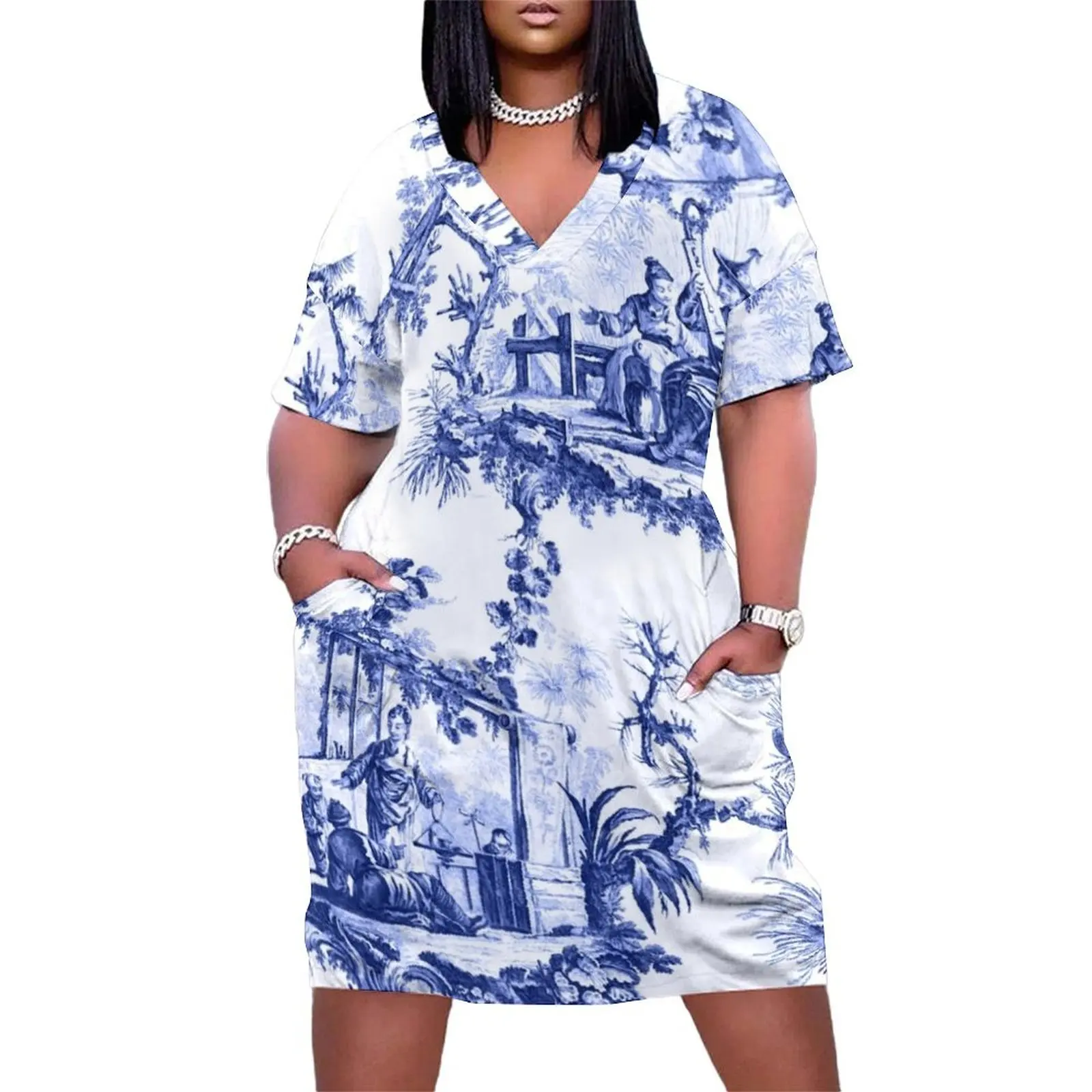 

Blue Chinoiserie Toile Loose Pocket Dress prom dresses 2024 sexy short dresses daring elegant dress