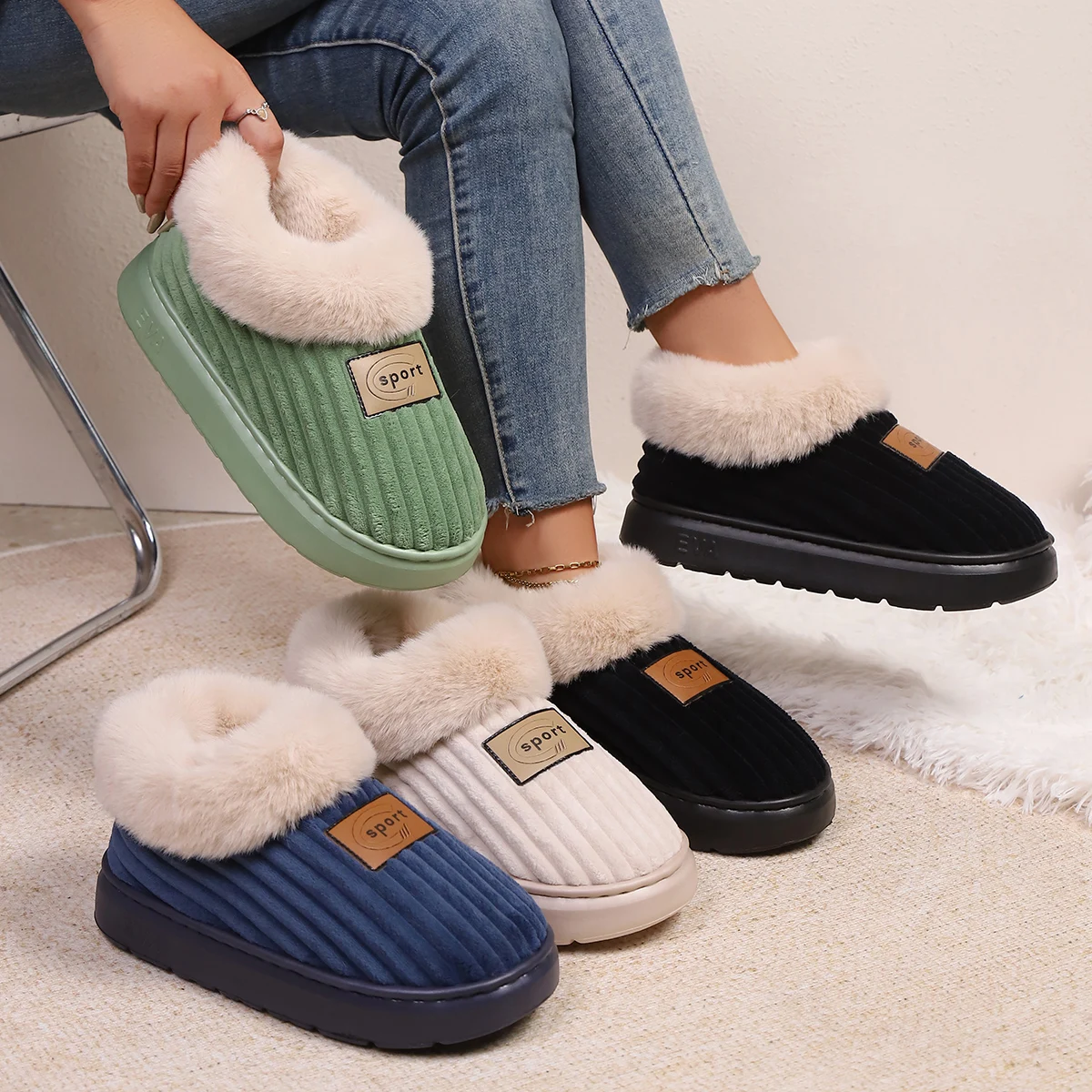 

Autumn and Winter Fluffy Home Slippers, Warm Soft-Soled Ankle Shoes, Plush Indoor Comfortable High-Top Shoes, Bedroom Silent Floor Shoes