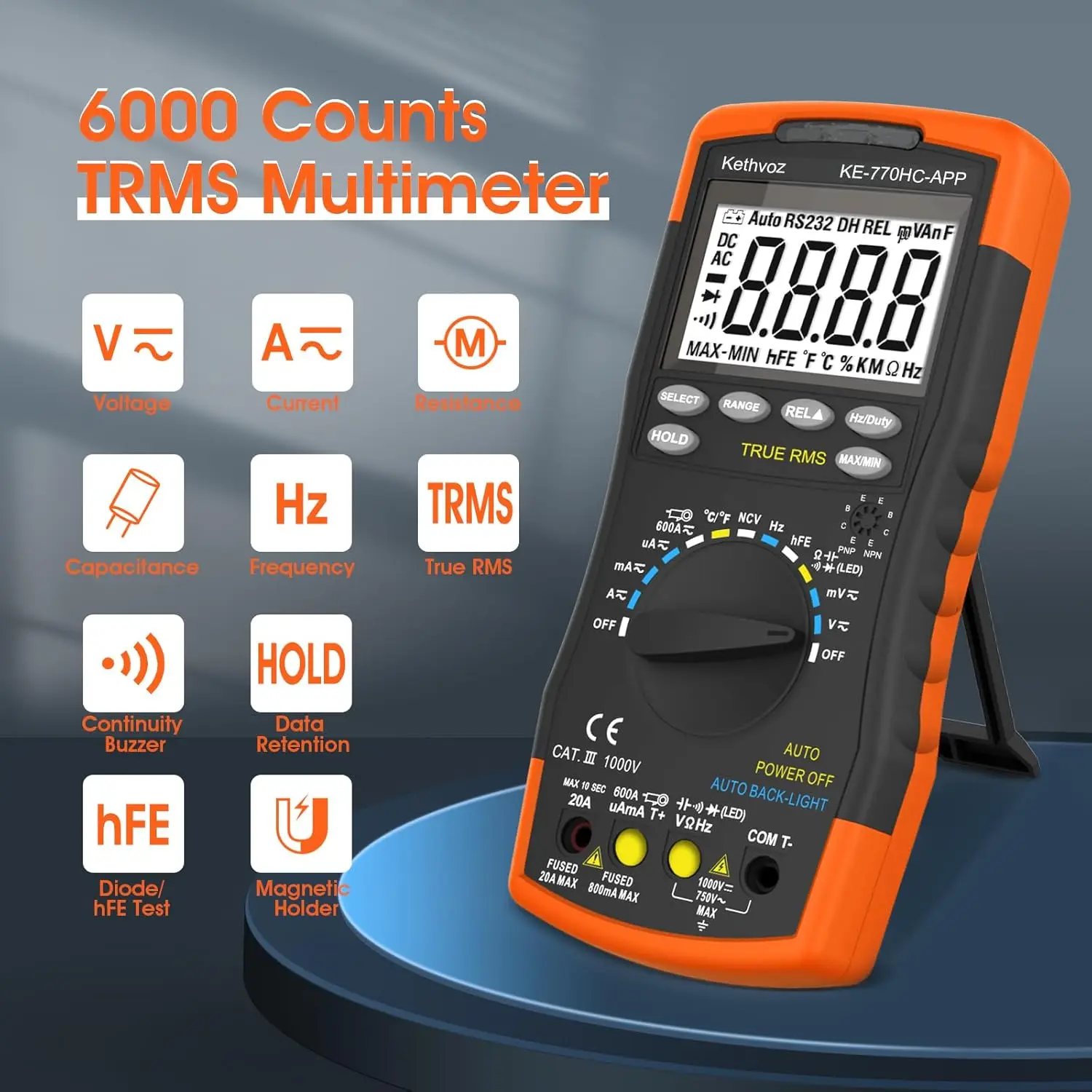 Kethvoz KE-770HC-APP True RMS Auto Ranging Digital Multimeter with NCV Feature and Temperature/Duty Cycle Test with Bluetooth