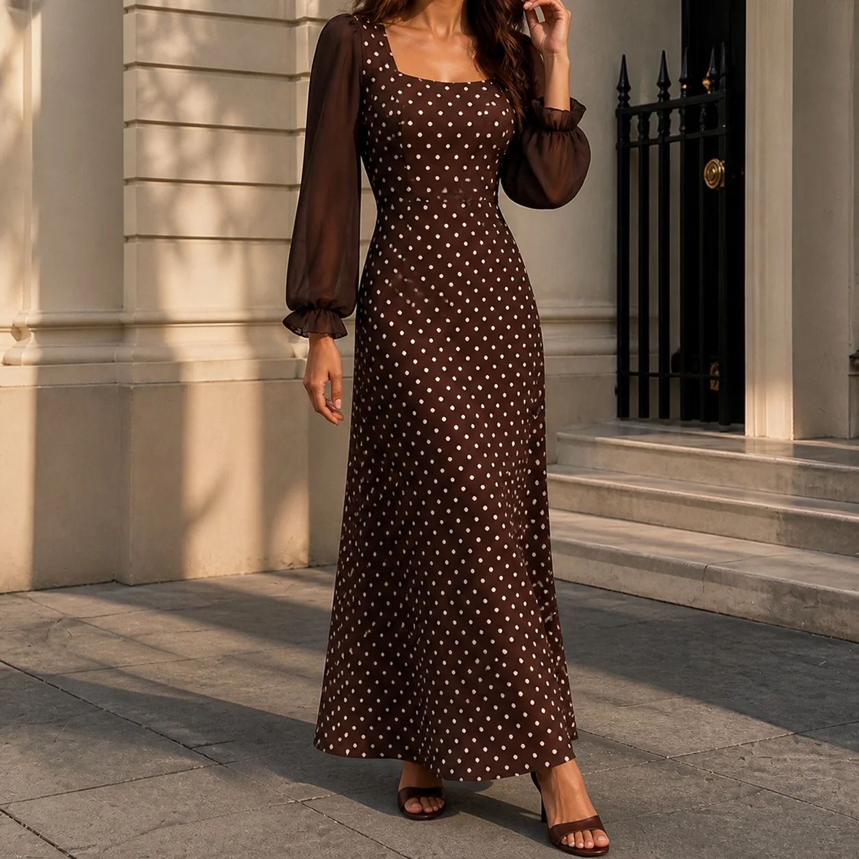 Women's Elegant A Line Polka Dot Dress with Flared Long Sleeves Square Neck High Waist Retro Chiffon Casual Date Dress for Women