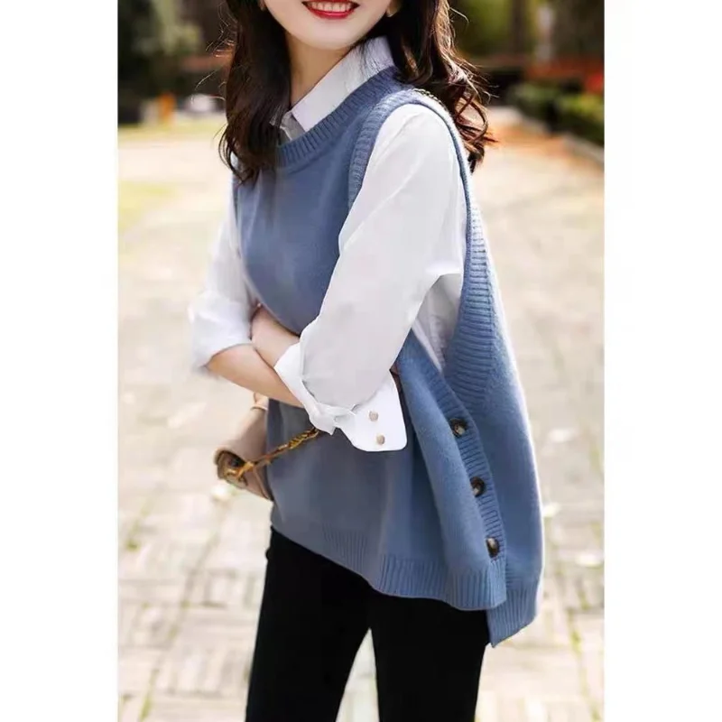 Women Spring and Autumn Korean New O-Neck Pullover Knitted Tank Top Academy Style Loose Button Versatile Sweater Sleeveless Vest