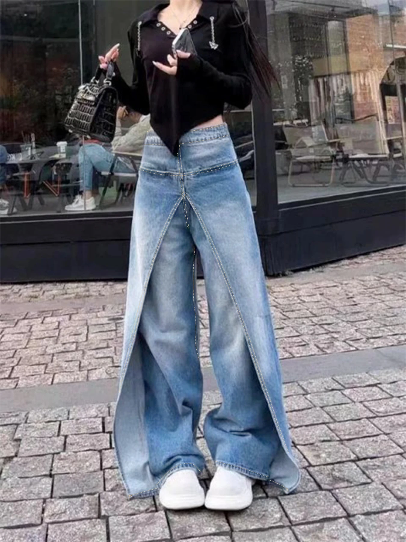 

Женские джинсы больших размеров с завышенной талией, голубые с разрезом, модные женские джинсы больших размеров в уличном стиле.