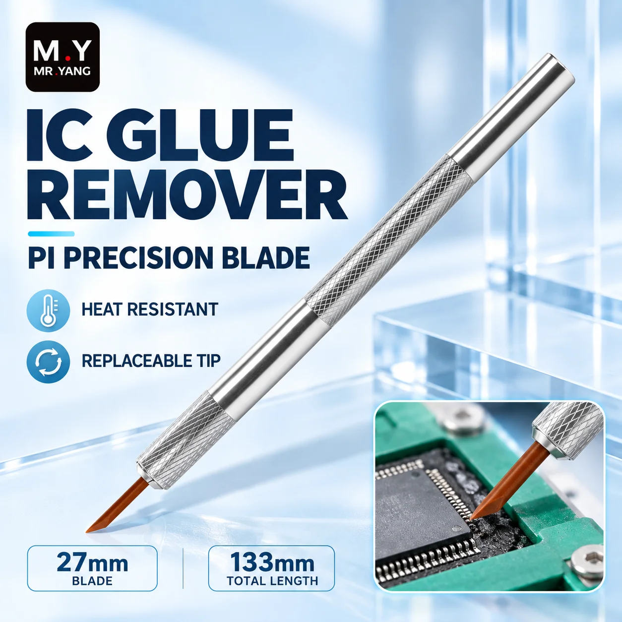 M.Y MR.YANG Heat Resistant PI Blade Adhesive Removal Tool with Knurled Handle for CPU IC Underfill Cleaning and PCB Repair