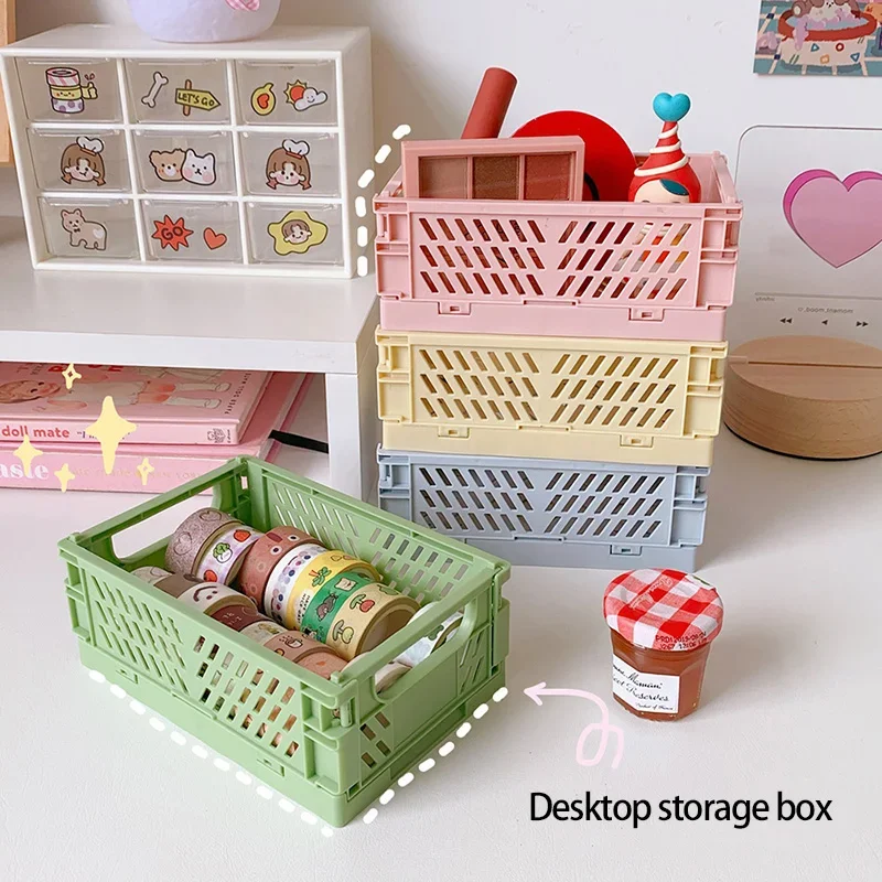 Mini Stackable Crates Danish Pastel Foldable Baskets Tray with Handles Handmade Materials Storage Box Kitchen Desktop Organizer