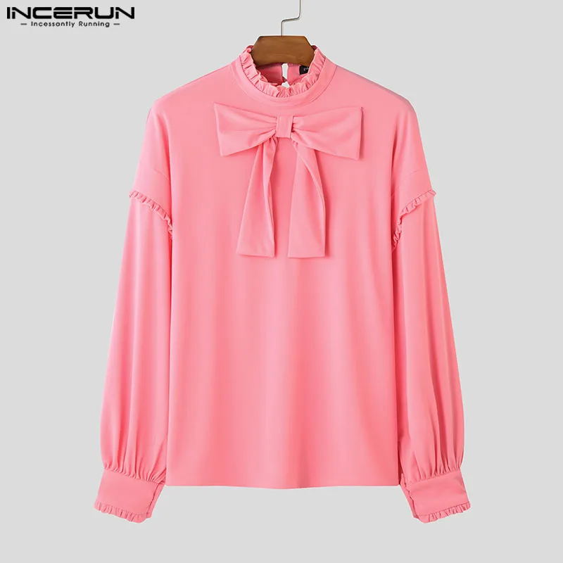 INCERUN الرجال تي شيرت بلون كشكش كم طويل الياقة المدورة Bowknot الرجال الملابس الشارع الشهير فضفاض موضة عادية الذكور المحملة القمم