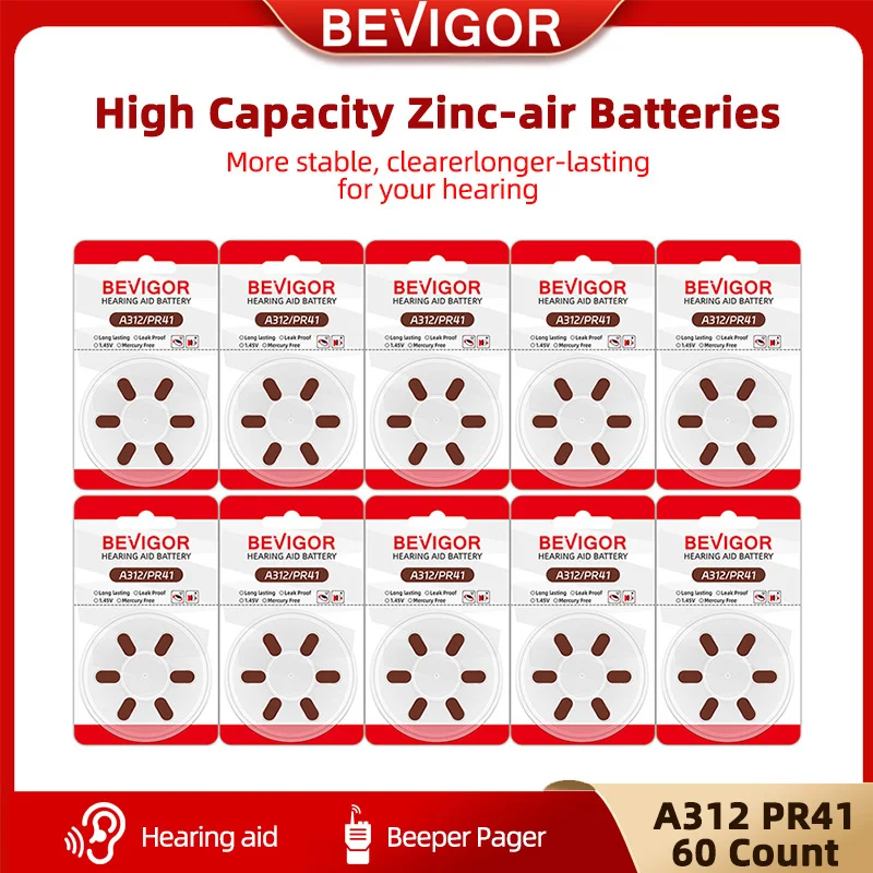 

BEVIGOR Hearing Aid Batteries Size 312, Mercury Free (60 Count), Easy To Open And Carry, 1.4V, Long Lasting Batteries