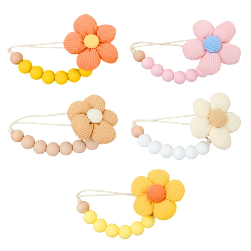 Newborn Dummy Nipple Holder Clip Strap Lovely Flower Charm Baby Silicone Beads Wood Pacifier Clip Chain Anti-lost