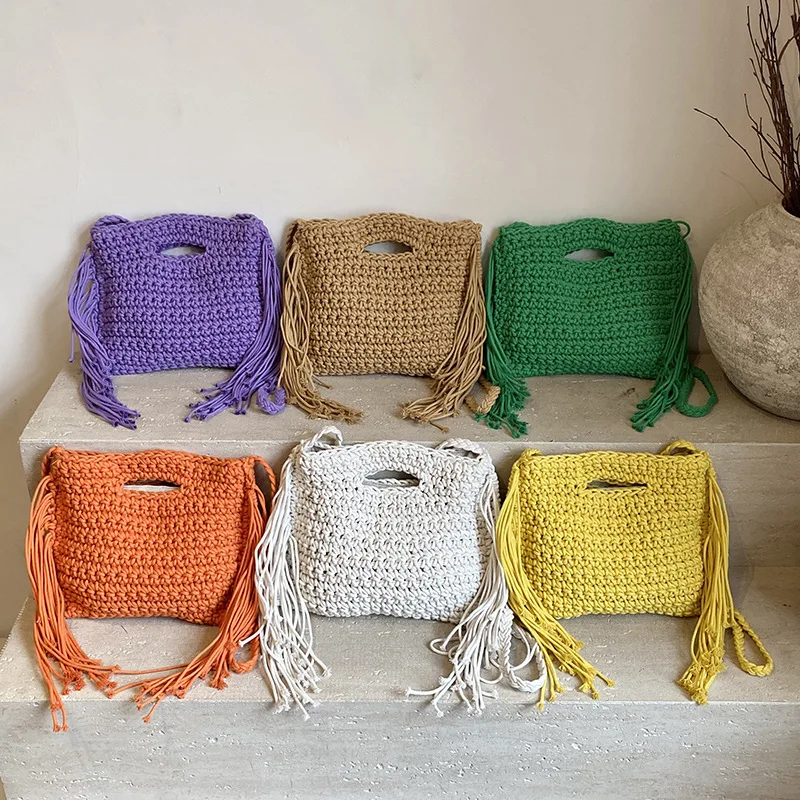 2025 Summer New Hand-weave Handbags For Women Fashion Beige Khaki Yellow Tassell Tote Shoulder Bags Crossbody Ladies Beach Bag