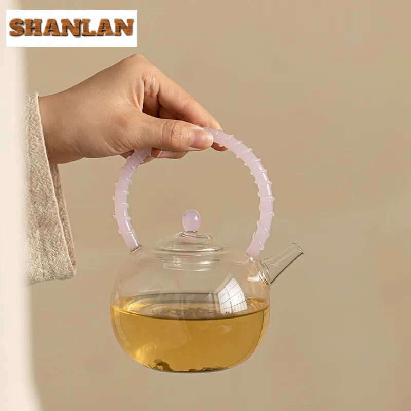 400ml High Borosilicate Glass Pink Loop-handled Teapot Zen Heat-resistant Glass Tea Pot With Filter Retro Pot Tea Soaking Kettle