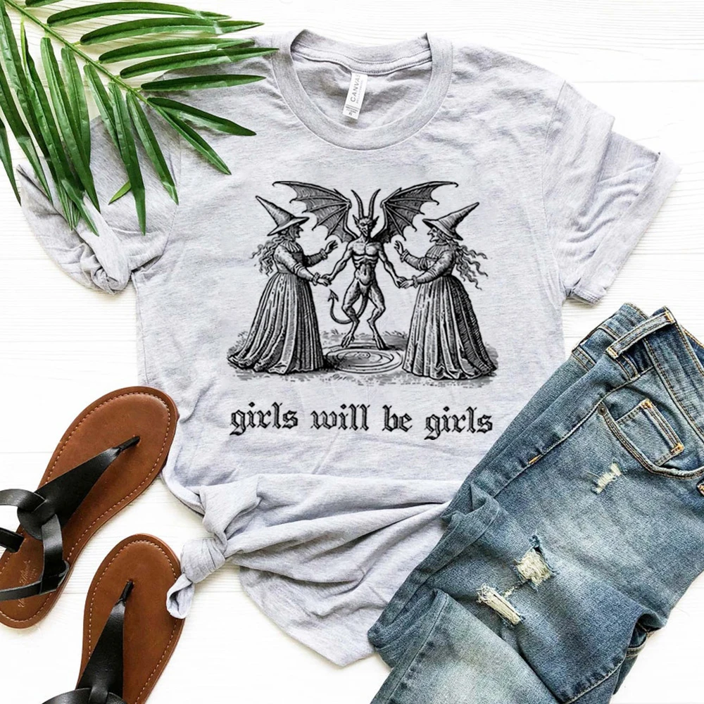 Girls Will Be Girls Witch Shirt Vintage Halloween T-Shirt Funny Feminist Tee Ironic Shirts Aesthetic Tshirt Spooky Witchy Tops