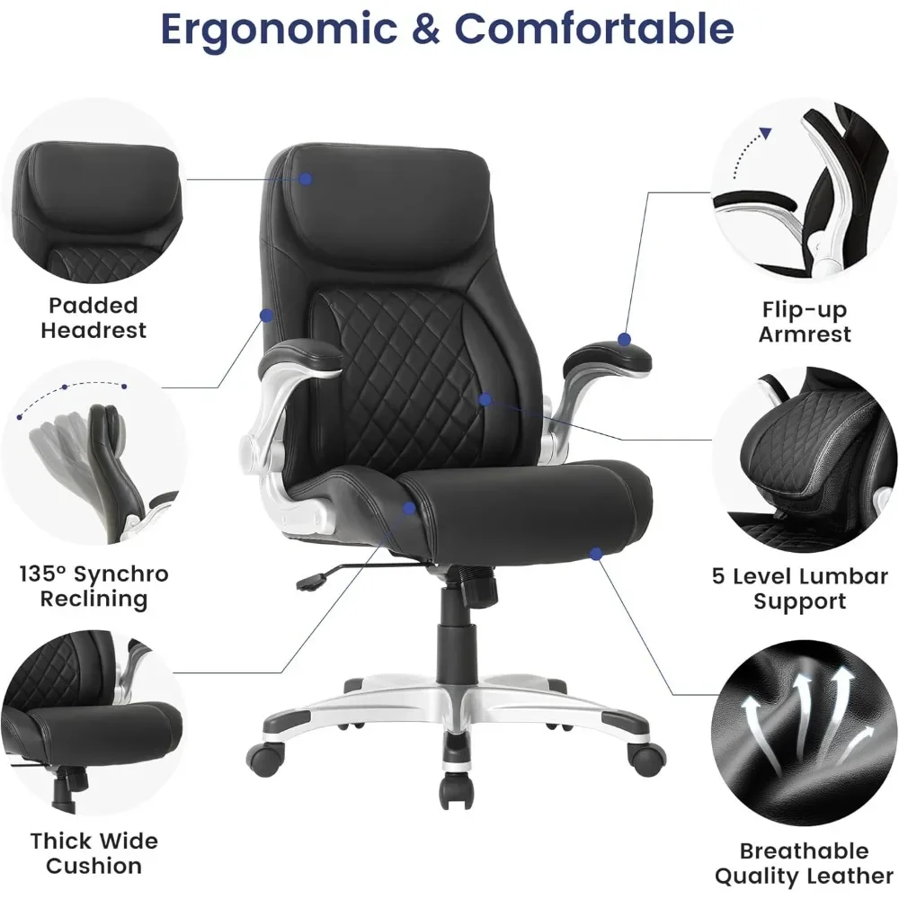 Chaise de bureau ergonomique en cuir microcarence de qualité supérieure, support lombaire réglable et accoudoirs, dossier haut, chaises de jeu confortables