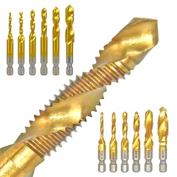 Broca de grifo de 2/6/12 piezas, vástago hexagonal Chapado en titanio, tornillo HSS, broca de rosca, máquina de tornillo, grifo compuesto, M3, M4, M5, M8, M10, herramientas manuales