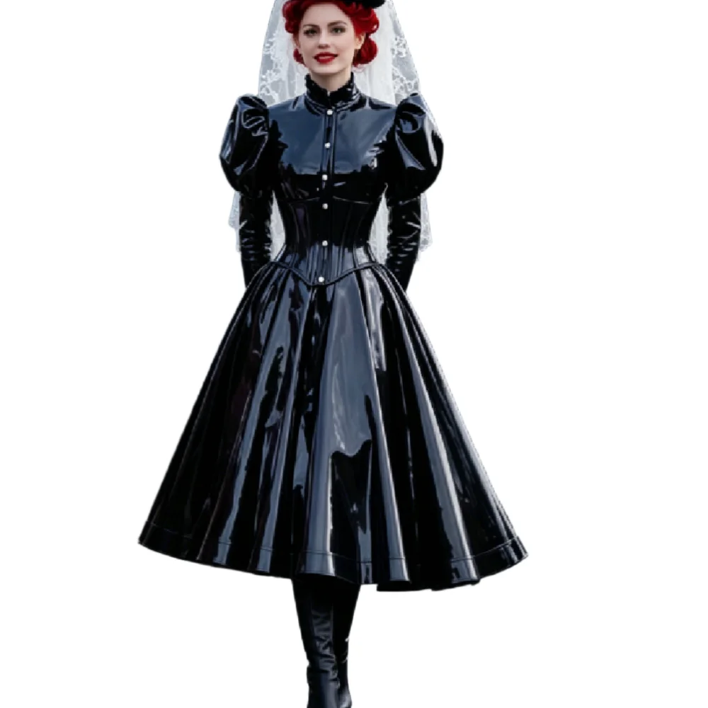 Black Latex Victorian Prom Dress A Line Puff Sleeve Halloween Vampire Costume Evening Gown Midi Cosplay Cocktail Party Mistress view 2