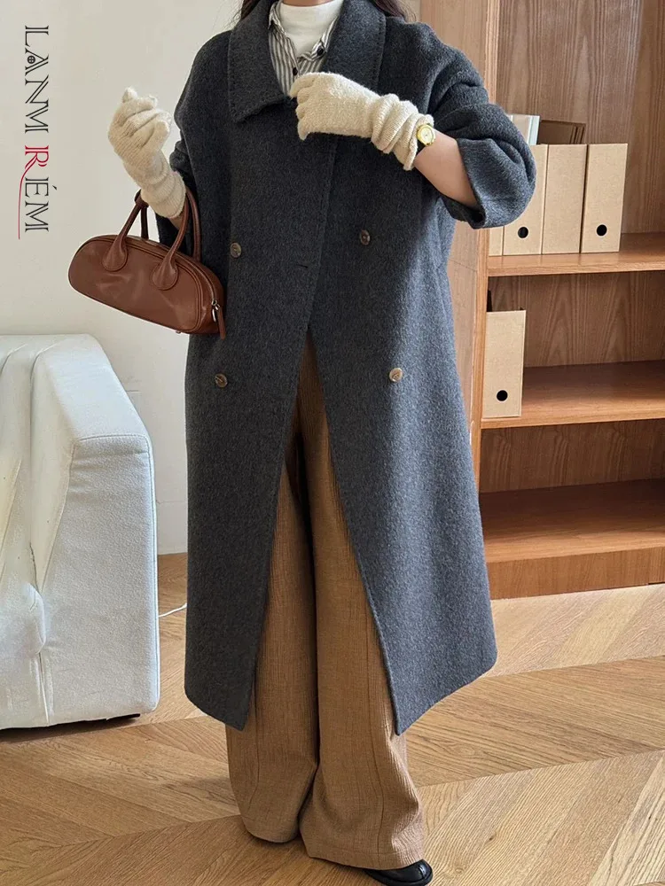 

[LANMREM] Office Lady Thick Warm Wool Coats Lapel Double Breasted Long Outwear Elegant Long Outwear 2024 Winter New 26C882