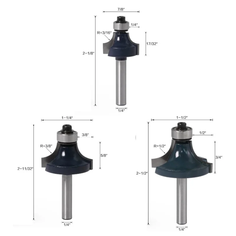 3pcs Corner Round Over Router Bit 1/4 Inch Shank With Bearing Woodworking Milling Cutter