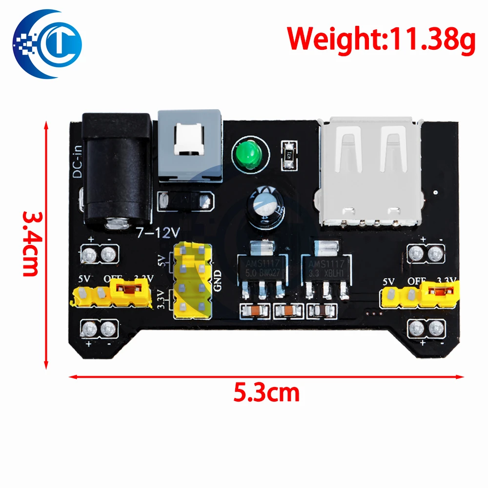 MB102 2-Channel Breadboard Power Supply Module, 3.3V/5V Output, Solderless White Power Module (1PC)